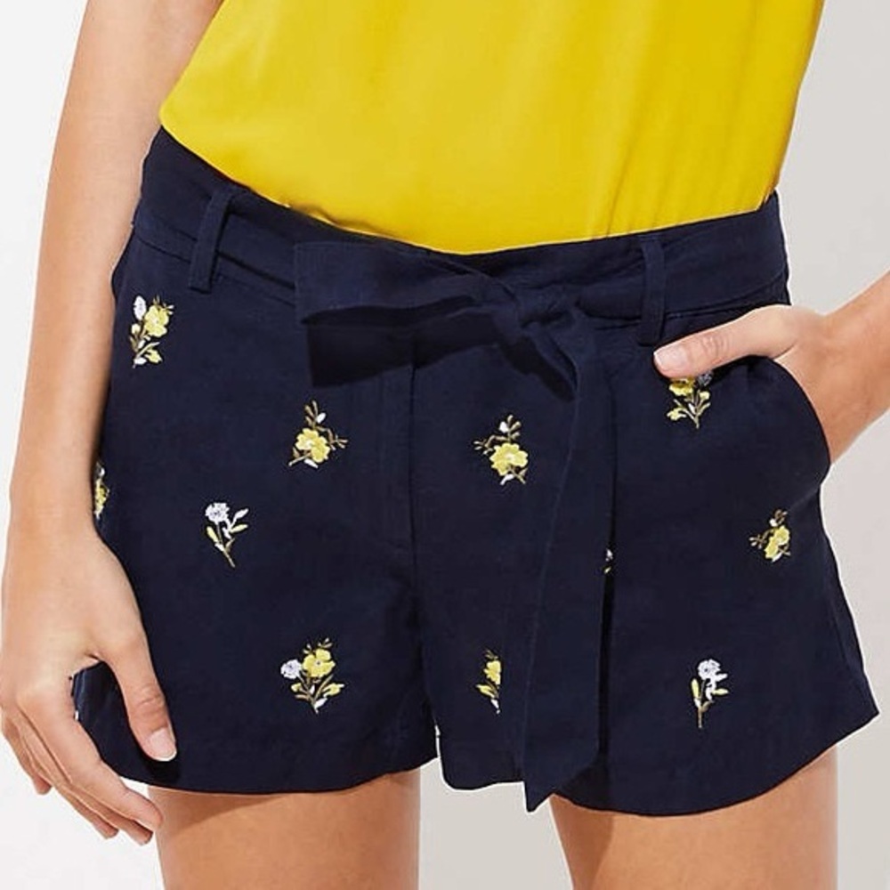 LOFT - Navy Floral Embroidered Linen Shorts